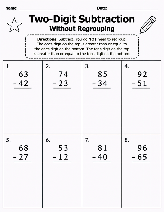 Two-Digit Subtraction Without Regrouping, Eight Practice Problems
