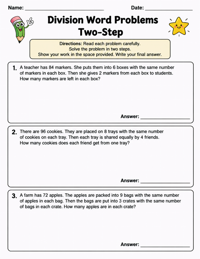 Two-Step Division Word Problems, Markers, Cookies, and Apples