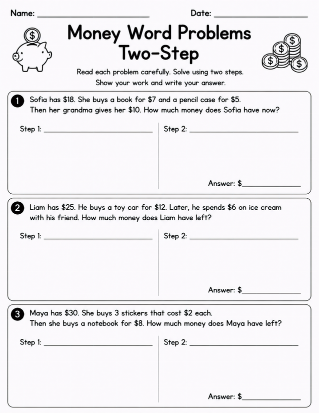 Two-Step Money Word Problems, Show Your Work Format