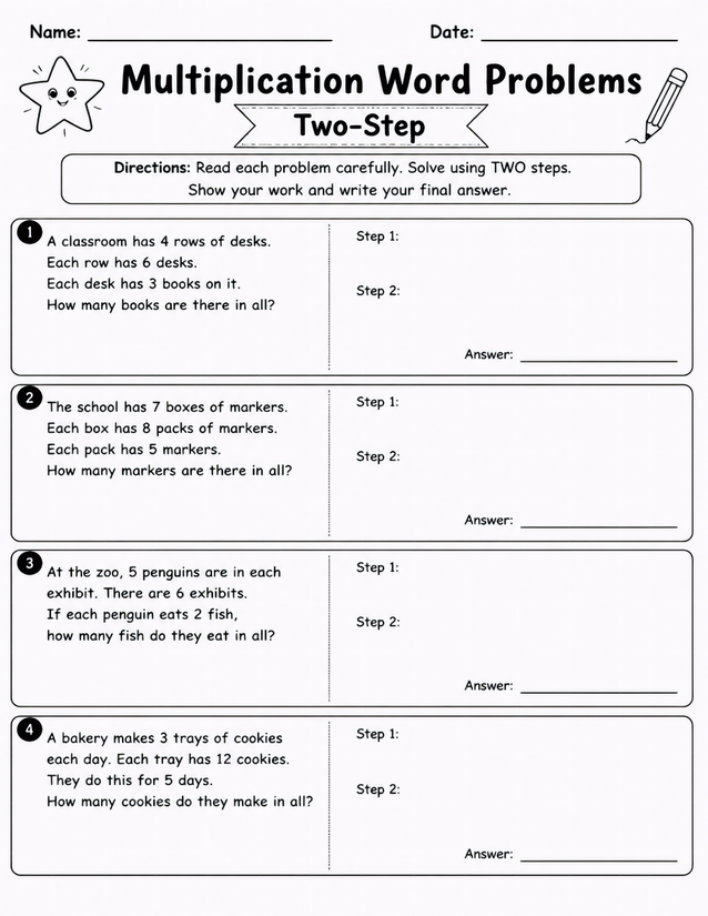 Two-Step Multiplication Word Problems, Four Real-World Scenarios