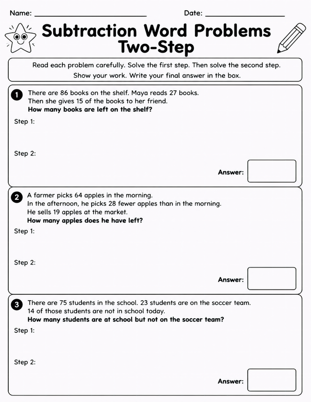 Two-Step Subtraction Word Problems, Three Real-World Scenarios