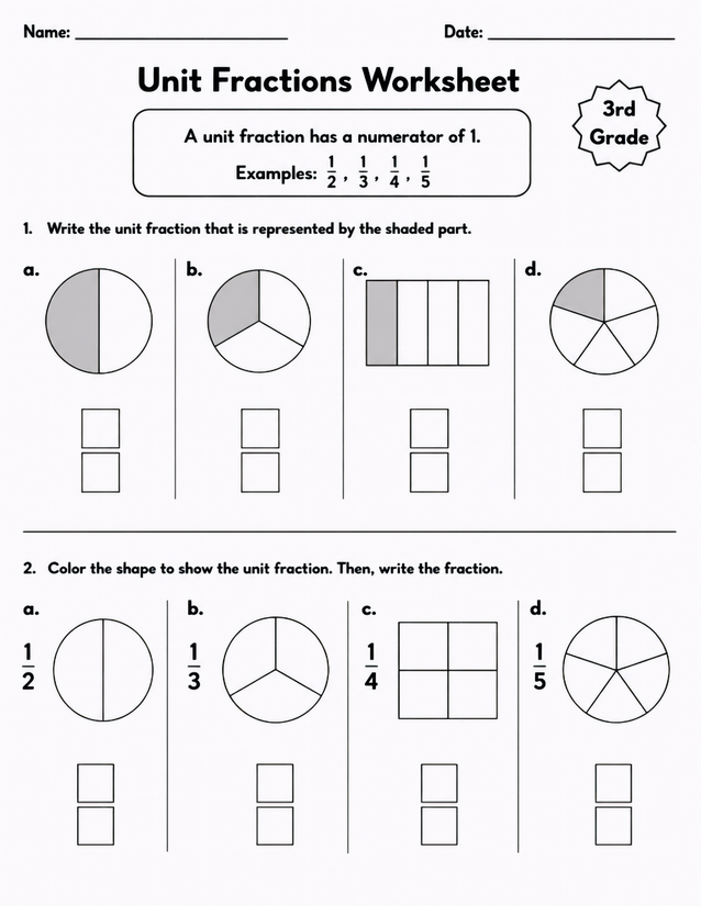 Unit Fractions Worksheet, Shading and Writing 1/2 to 1/5