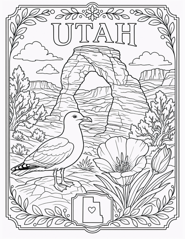 Utah Coloring Page, Delicate Arch, Seagull, and Sego Lily