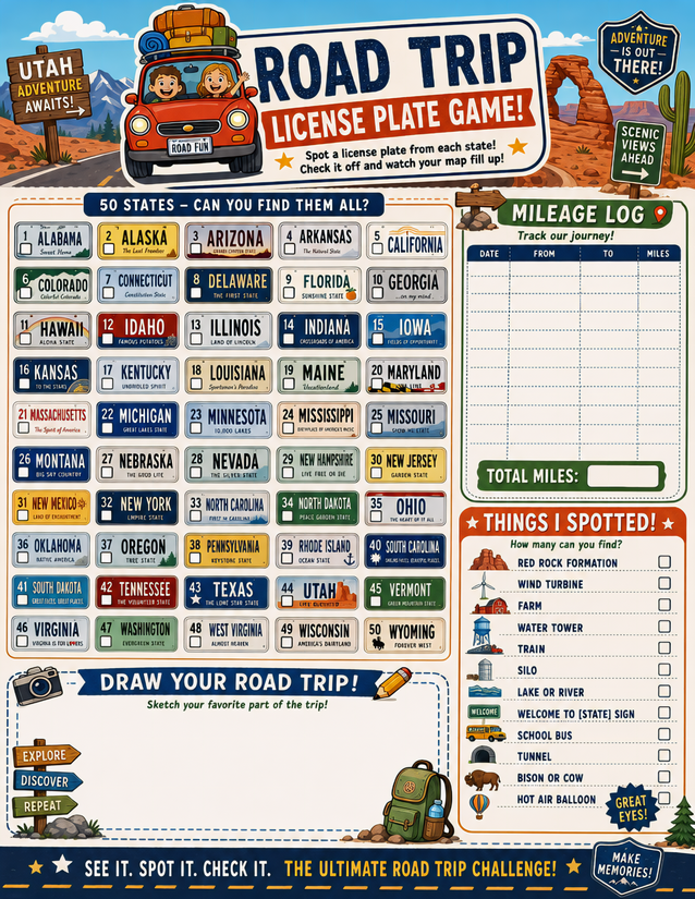 Utah License Plate Game Printable, All 50 States Plus Mileage Log