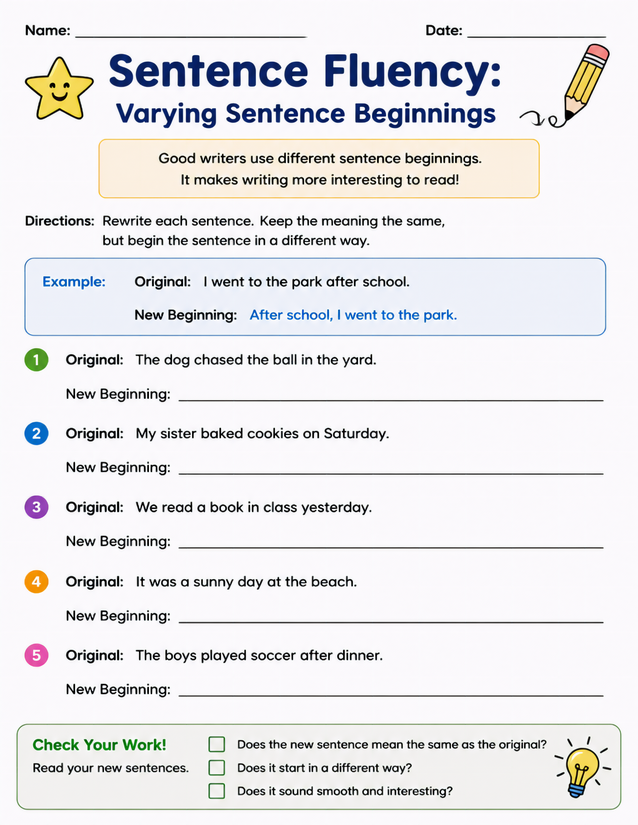 Varying Sentence Beginnings Worksheet, Sentence Fluency Practice