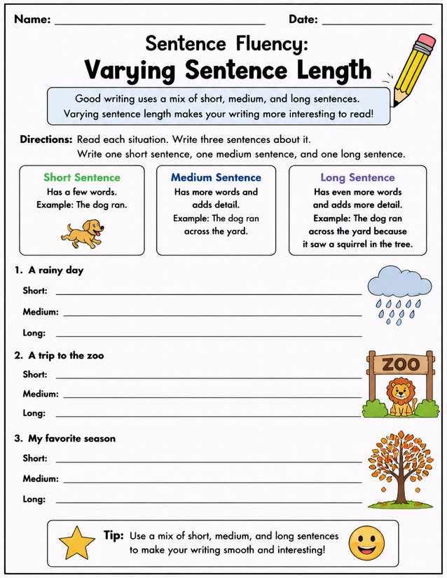 Varying Sentence Length Worksheet, Sentence Fluency Practice