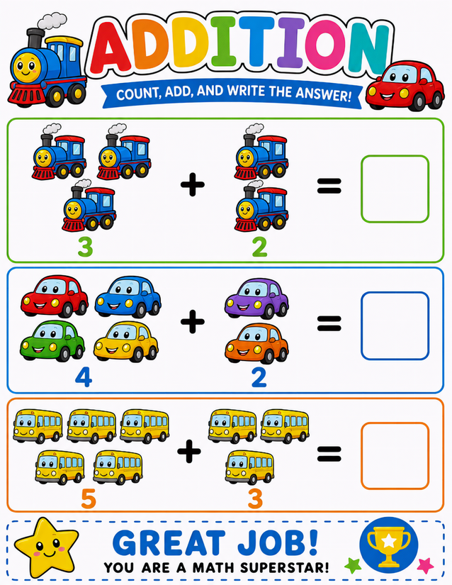 Vehicle Addition Worksheet, Trains, Cars, and Buses