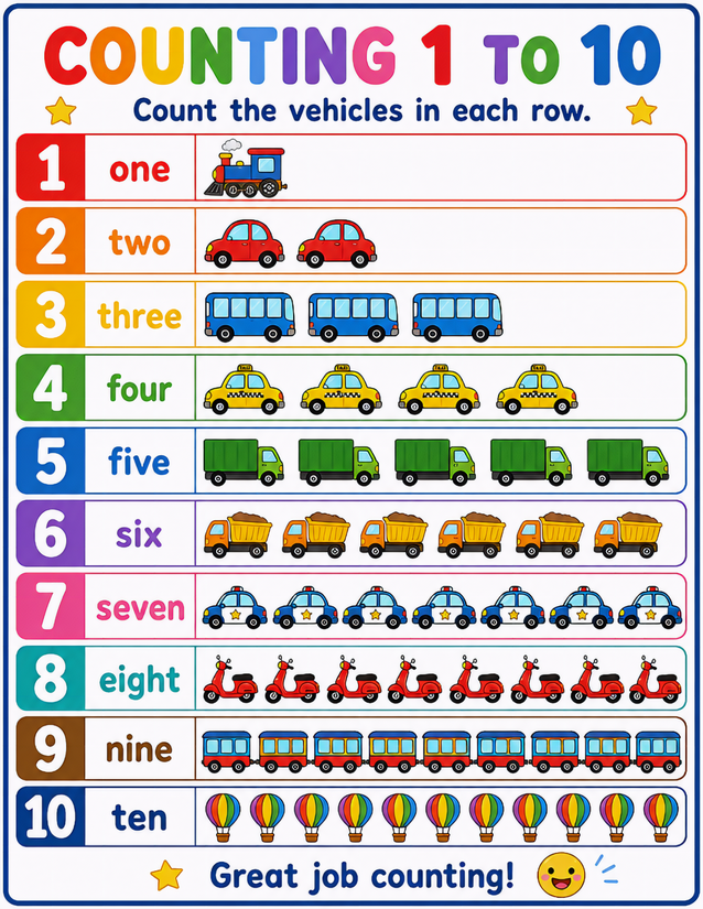 Vehicle Counting 1 to 10 Worksheet, Trains to Hot Air Balloons