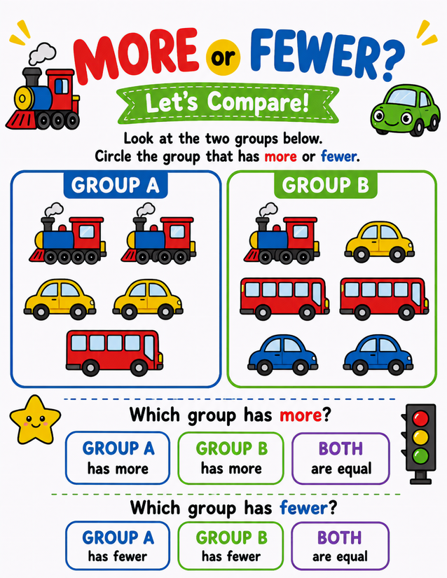 Vehicle More or Fewer Worksheet, Trains Cars and Buses