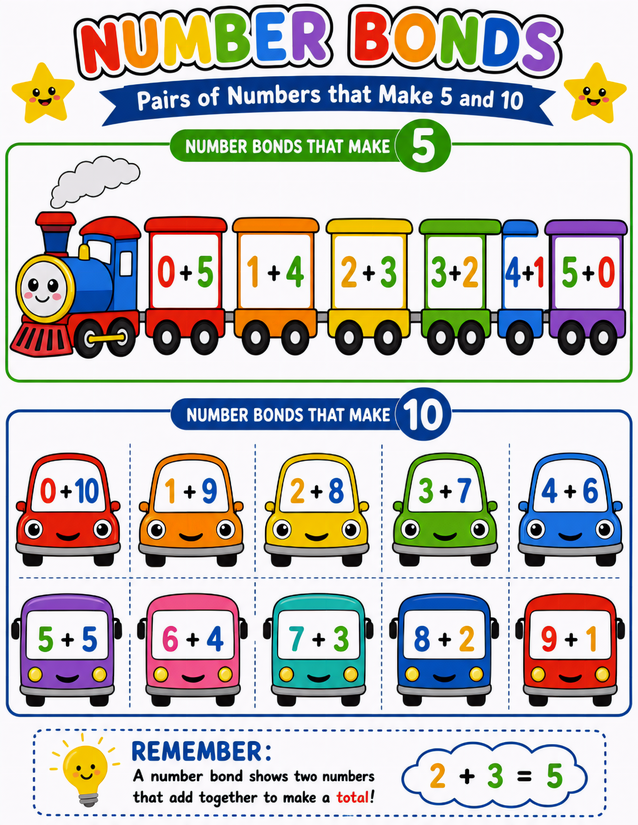 Vehicle Number Bonds Worksheet, Trains and Cars to 5 and 10