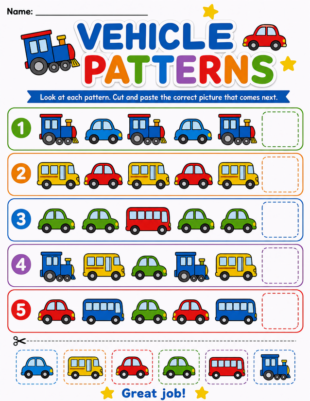 Vehicle Patterns Worksheet, Cut and Paste