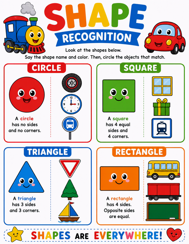Vehicle Shape Recognition Worksheet, Circle Square Triangle Rectangle