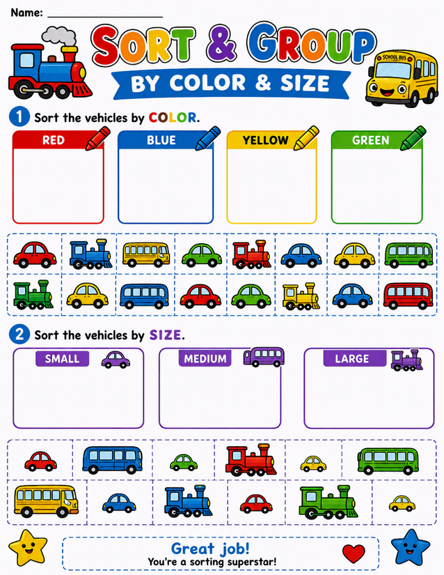 Vehicle Sort and Group Worksheet, Color and Size