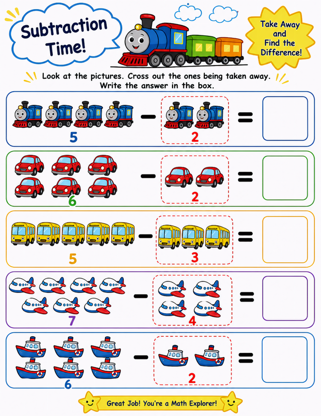 Vehicle Subtraction Worksheet, Five Picture Problems