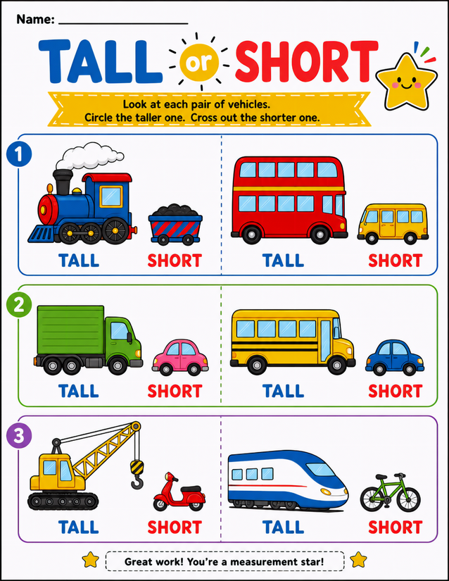 Vehicle Tall or Short Worksheet, Six Illustrated Pairs