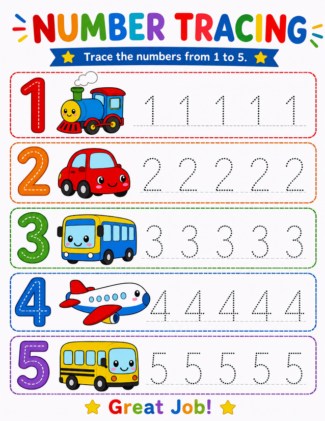 Vehicle Trace the Numbers 1-5 Worksheet, Train to School Bus