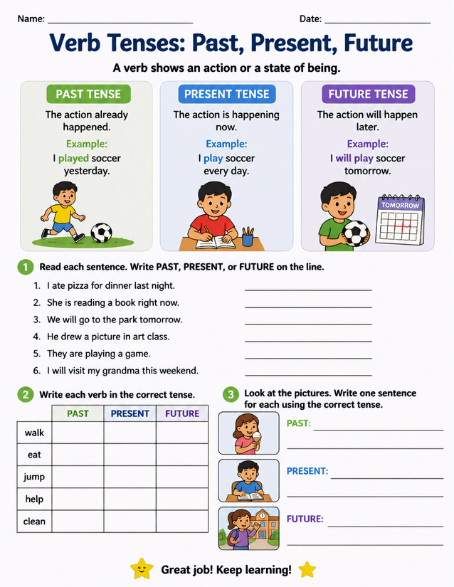 Verb Tenses Past Present Future Worksheet, Three Exercises
