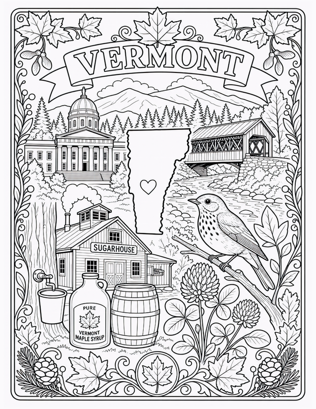 Vermont Coloring Page, Sugarhouse, Hermit Thrush, and Covered Bridge
