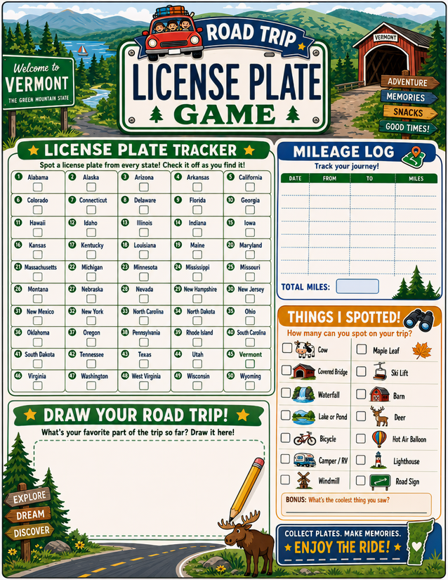 Vermont License Plate Game Printable, All 50 States Plus Mileage Log