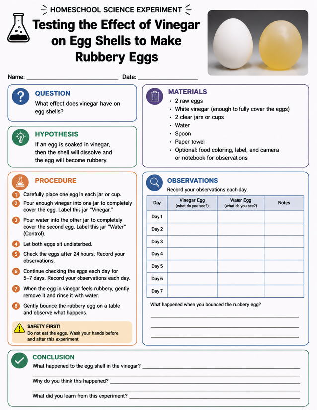 Vinegar on Egg Shells Lab Sheet, Rubbery Egg Experiment