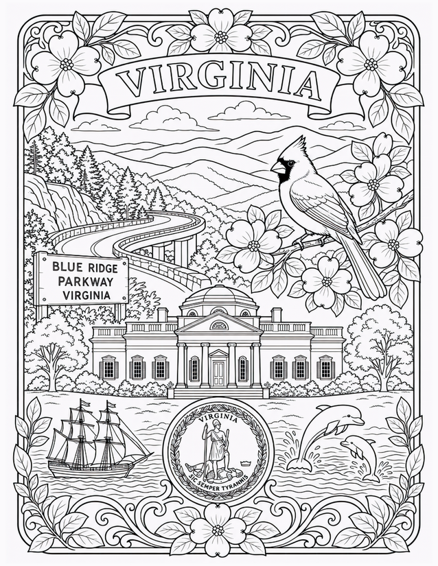 Virginia Coloring Page, Cardinal, Monticello, and Blue Ridge Parkway
