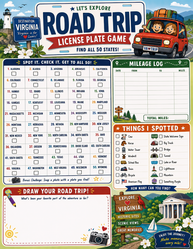 Virginia License Plate Game Printable, All 50 States Plus Mileage Log