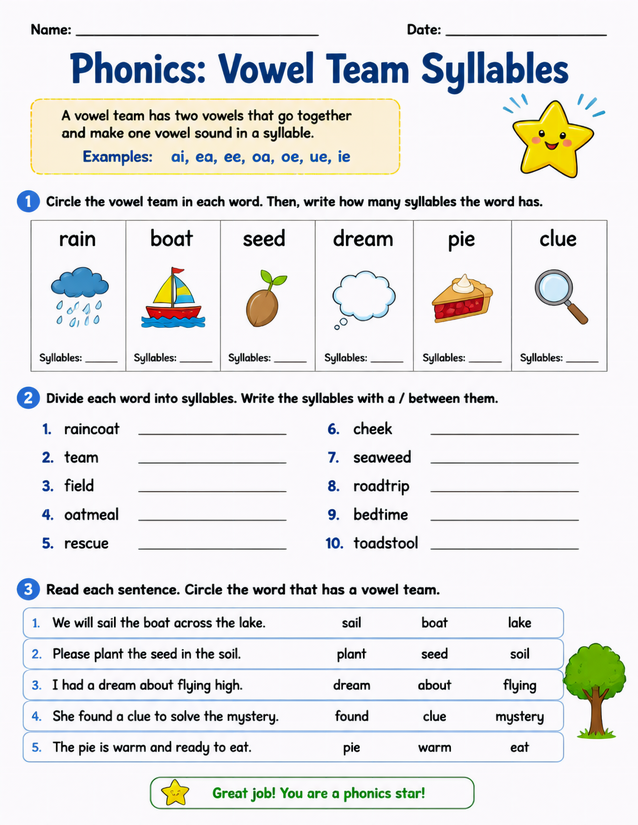 Vowel Team Syllables Worksheet, Three Phonics Activities