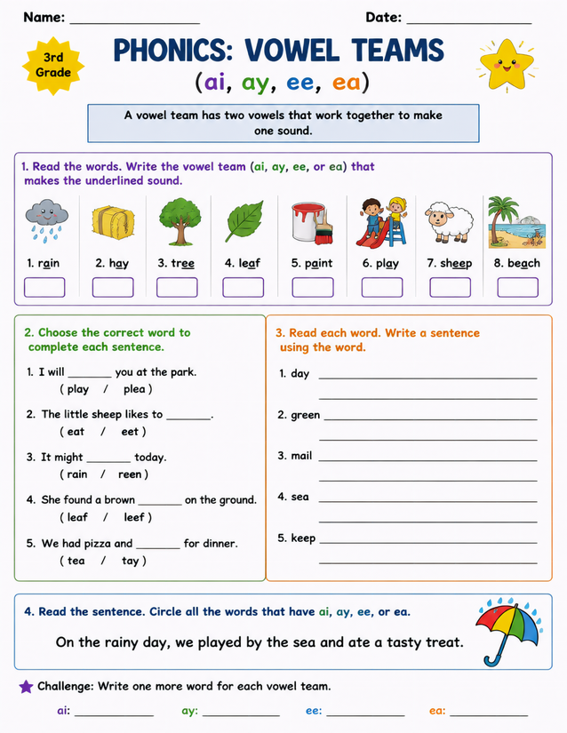 Vowel Teams Worksheet, ai ay ee ea Practice for 3rd Grade