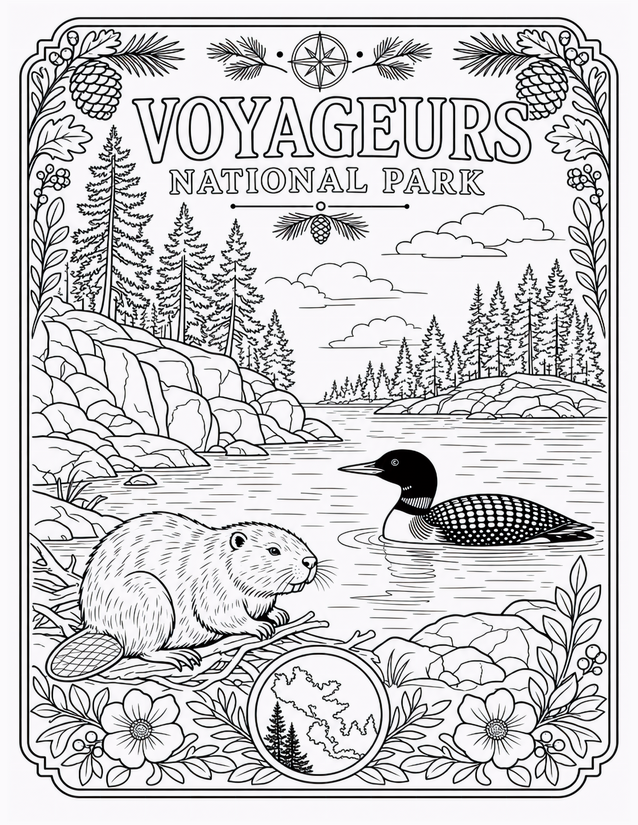 Voyageurs National Park Coloring Page, Beaver and Loon