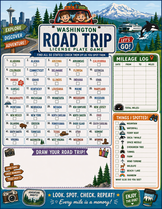 Washington License Plate Game Printable, All 50 States Plus Mileage Log