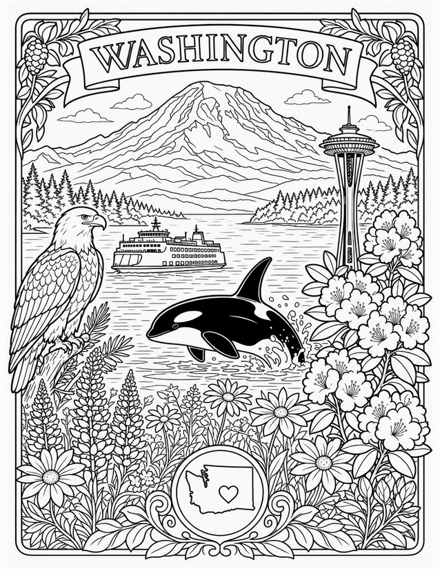 Washington State Coloring Page, Orca, Space Needle and Rainier