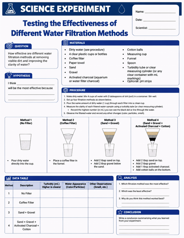 Water Filtration Methods Lab Sheet, Four-Method Comparison