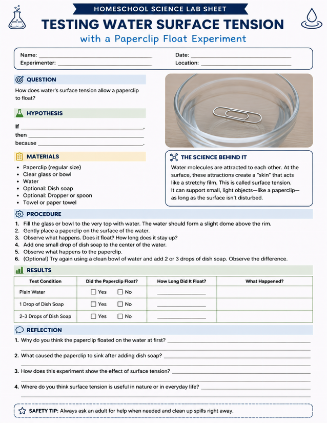 Water Surface Tension Paperclip Float Experiment Lab Sheet