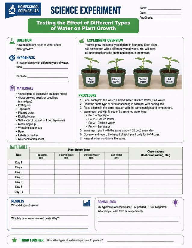 Water Types on Plant Growth Lab Sheet, 14-Day Observation