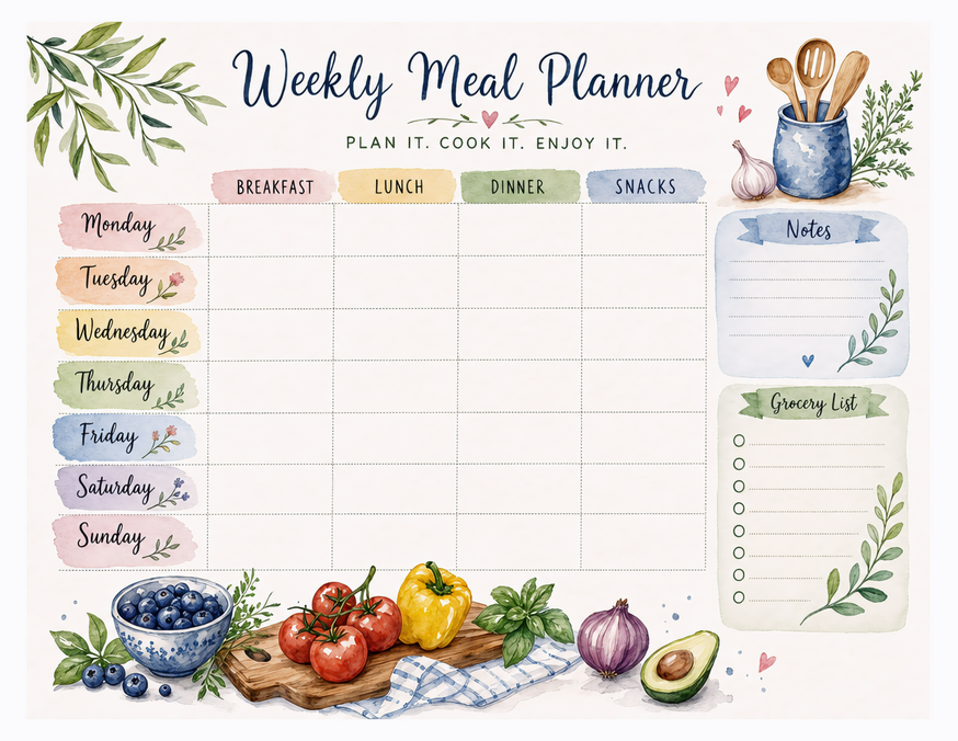Watercolor Meal Planner Printable, Four Meal Columns and Grocery List