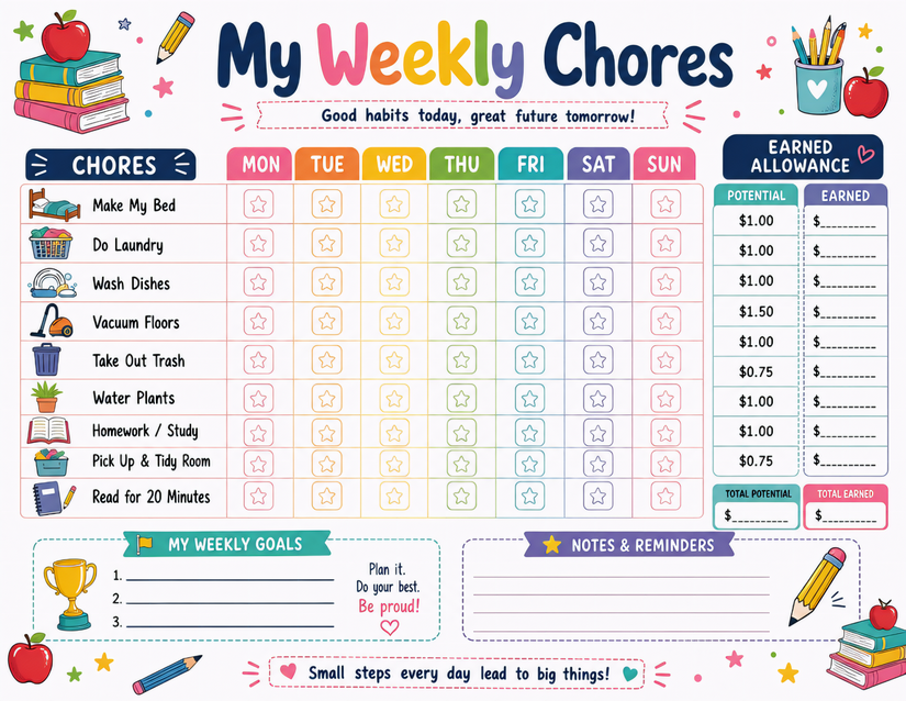 Weekly Chores Allowance Chart, School Theme With Goals