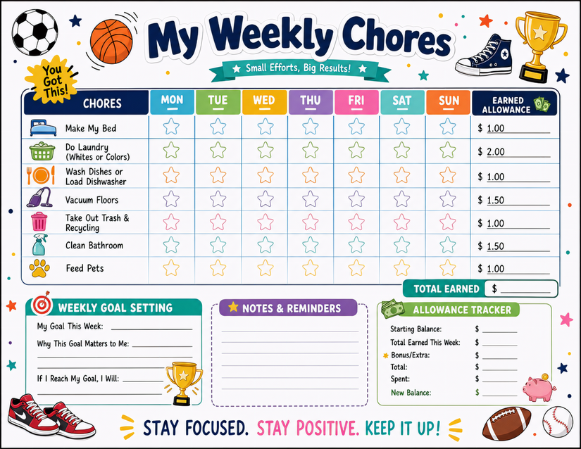 Weekly Chores Allowance Chart with Goal Setting & Pet Care