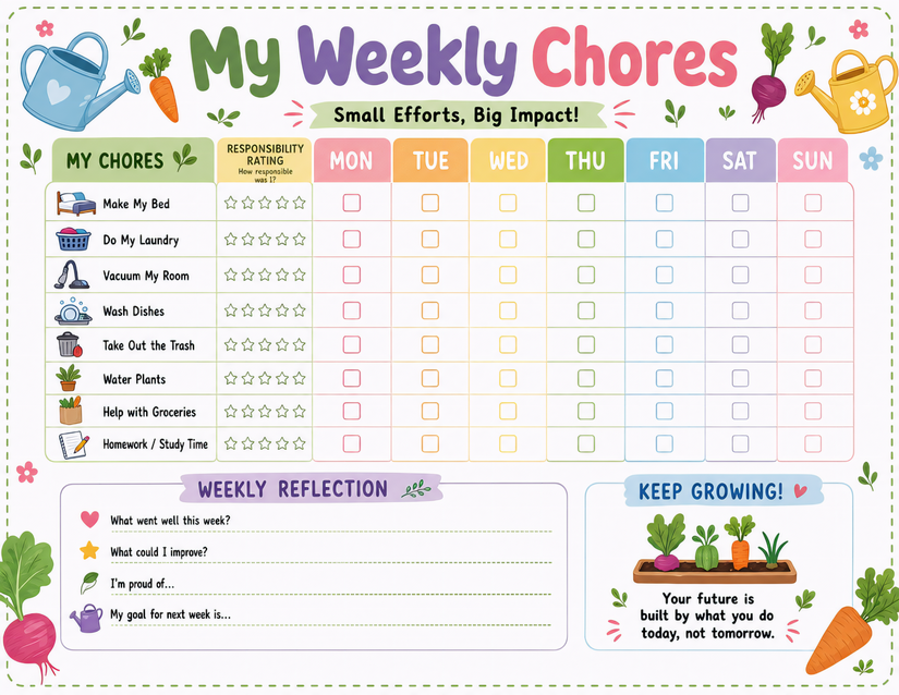Weekly Chores Chart Garden Theme, Responsibility Rating & Reflection