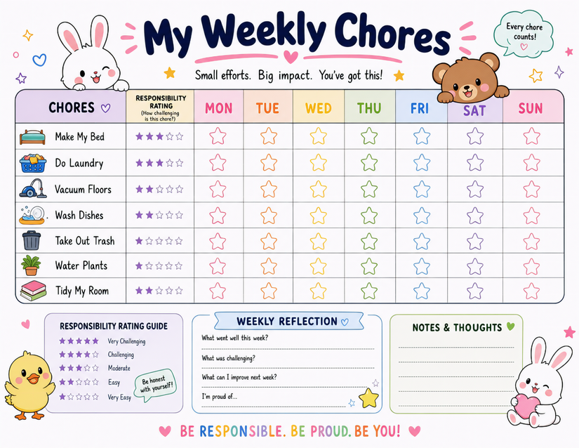 Weekly Chores Chart with Responsibility Rating & Reflection