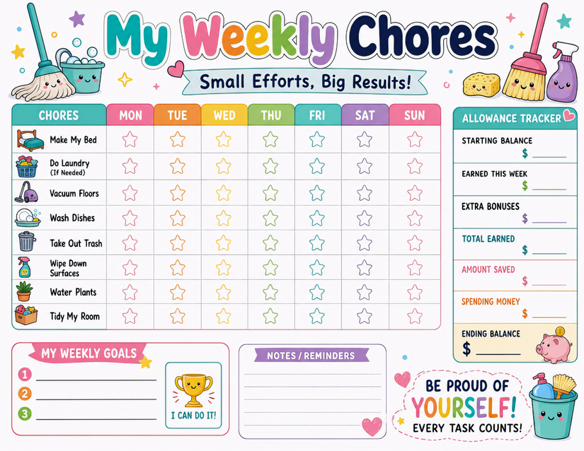 Weekly Chores Chart With Allowance & Goals Tracker