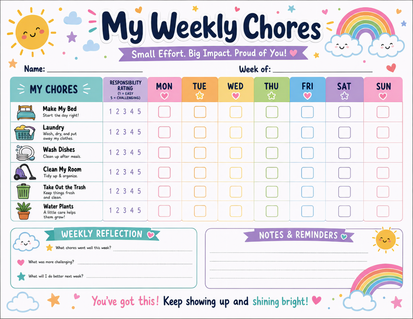 Weekly Chores Chart With Responsibility Rating, Reflection, and Stars
