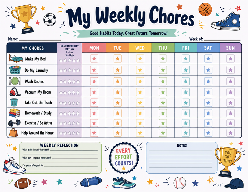 Weekly Chores Reflection Chart, Eight Chores With Stars & Prompts