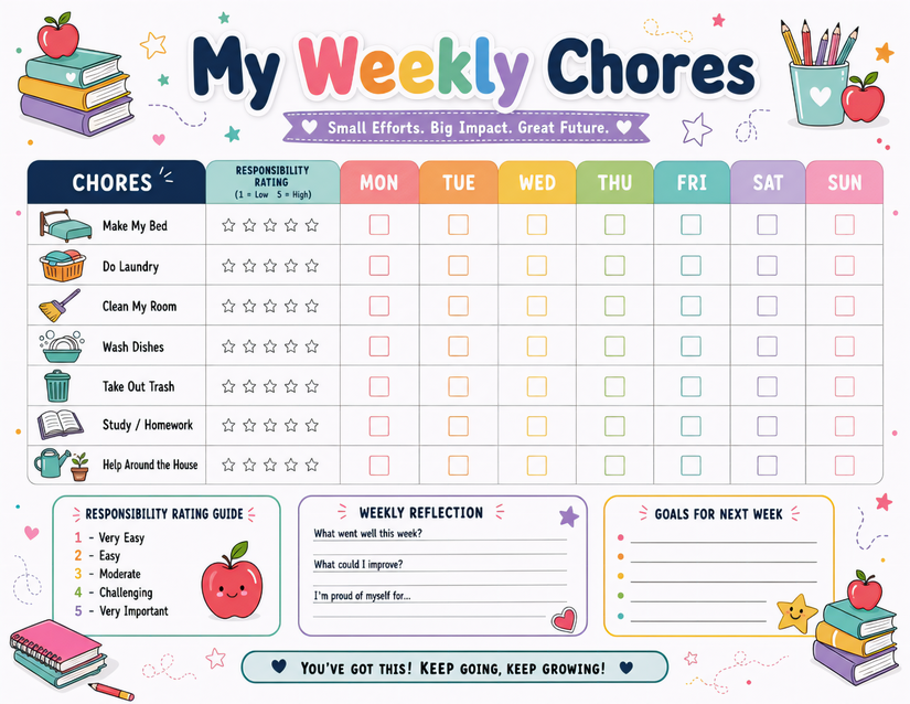 Weekly Chores Reflection Responsibility Chart, School Theme