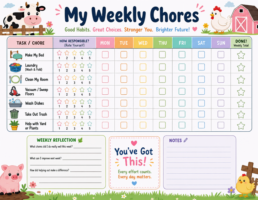 Weekly Chores Responsibility Rating Chart, Stars and Reflection Prompts