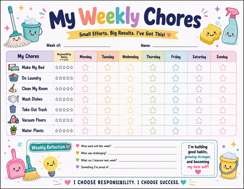 Weekly Chores Responsibility Reflection Chart, Seven Chores Plus Daily Stars