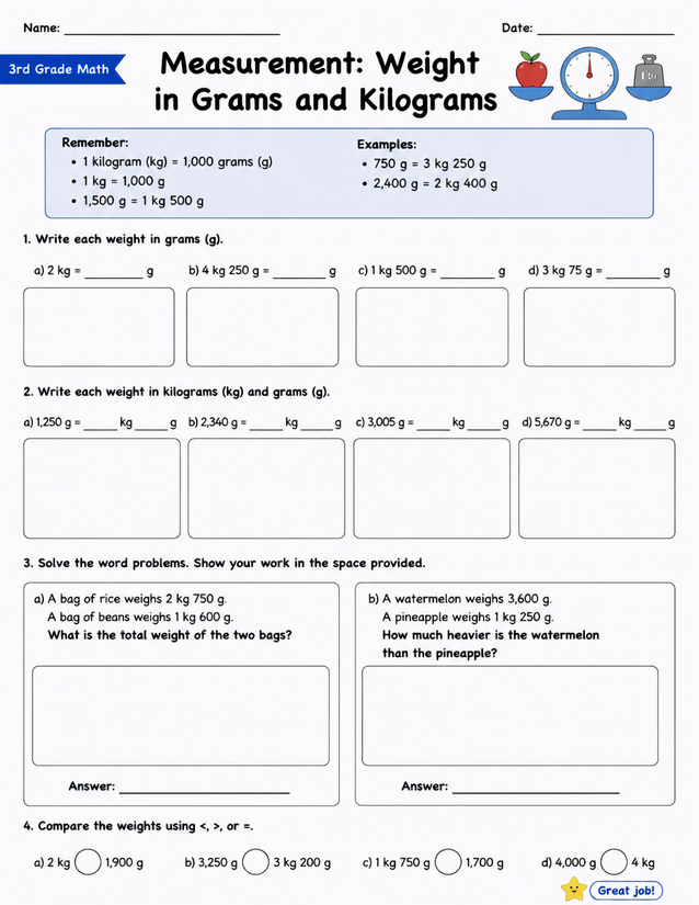 Weight in Grams and Kilograms Worksheet, 3rd Grade Math