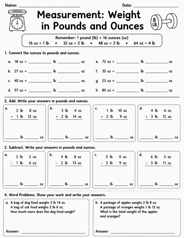 Weight in Pounds and Ounces Worksheet, Converting and Adding