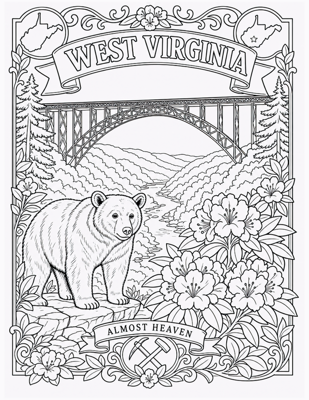 West Virginia Coloring Page, Bear and New River Gorge Bridge
