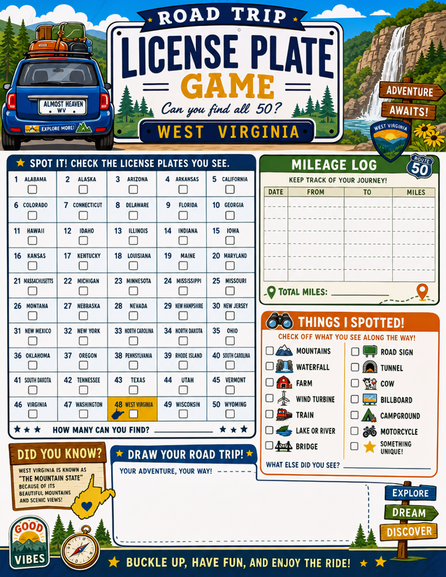 West Virginia License Plate Game Printable, All 50 States Plus Mileage Log