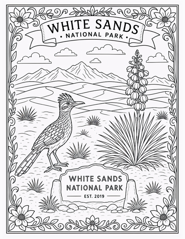 White Sands National Park Coloring Page, Roadrunner and Yucca